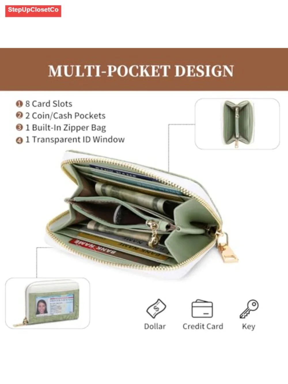 PU Leather RFID Blocking Credit Card Holder Wristlet with Zipper and ID Window